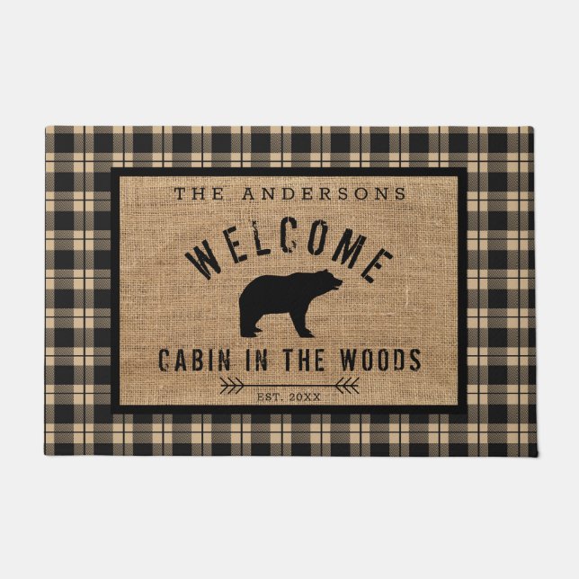 Paillasson Rustic Bear Bienvenue Cabine dans les bois Nom de  (Devant)