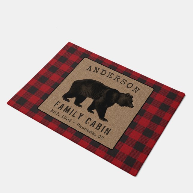 Paillasson Rustic Bear Family Cabine Red Buffalo Plaid Burlap (Incliné)