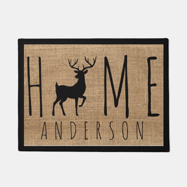 Paillasson Rustic Country Faux Burlap Buck Nom de famille (Devant)