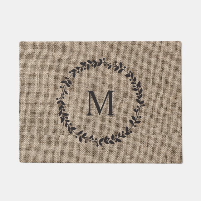 Paillasson Rustic Laurel Wreath Farmhouse Burlap Monogramme (Devant)