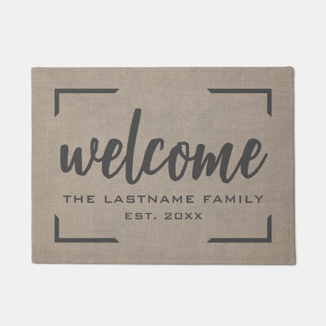 Paillasson Rustic Modern Burlap - Bienheureux Script Bienvenu (Devant)