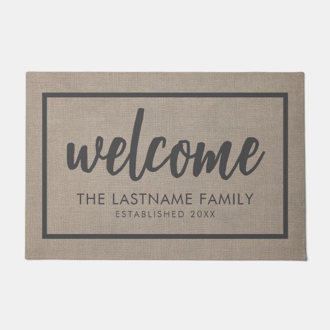 Paillasson Rustic Modern Burlap - Bienheureux Script Bienvenu (Devant)