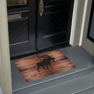 Paillasson Rustic Moose Wood Nom de famille personnalisé