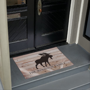 Paillasson Rustic Moose Wood Nom de famille personnalisé