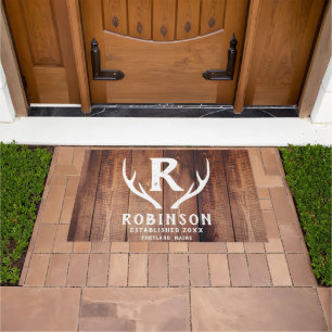 Paillasson Rustic Wood Monogramme Nom de famille Deer Antler 