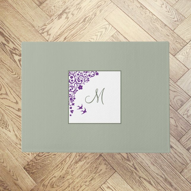 Paillasson Sage Stripe Purple Floral Script Monogramme mat de (Créateur téléchargé)
