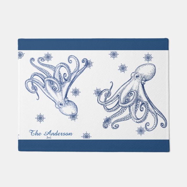 Paillasson Salle de bain nautique Océan Marine Bleu Octopus (Devant)