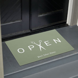 Paillasson Salon des cheveux Ciseau Open Sage Green Bienvenue