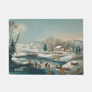 Paillasson Scène d'hiver vintage Patinage sur glace Noël