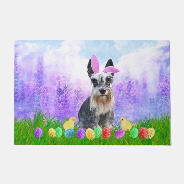 Paillasson Schnauzer miniature avec oeufs de Pâques Poussins  (Devant)