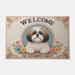 Paillasson Shih Tzu Chien Floral Nom de famille décoratif Bie