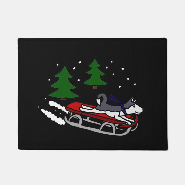 Paillasson Sledding drôle de chien de traîneau sibérien (Devant)