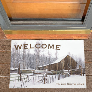 Paillasson Snowy Rural Grange Scène Photo Bienvenue