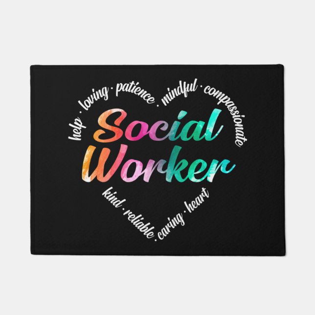 Paillasson Social Worker Heart Word Cloud Aquarelle Arc-en-ci (Devant)