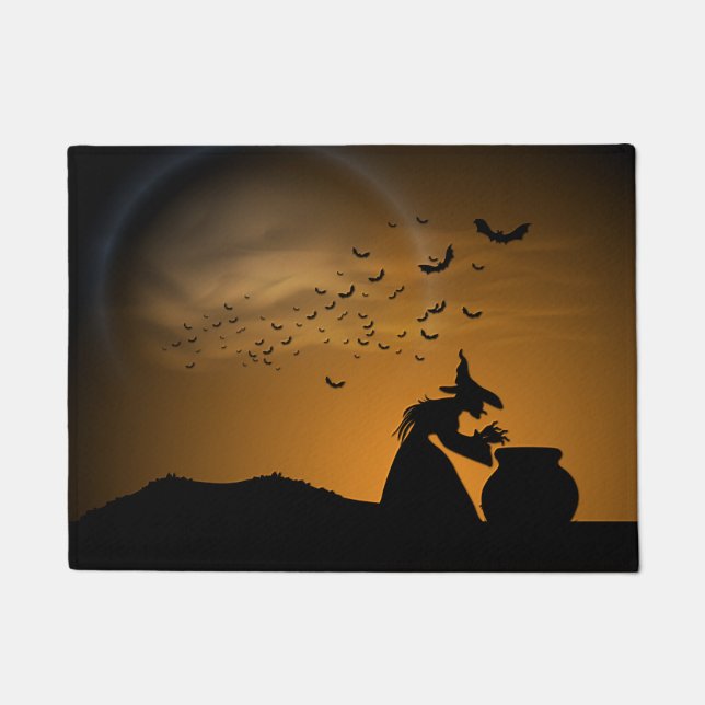 Paillasson Sorcière et chaudron de Halloween avec des battes (Devant)
