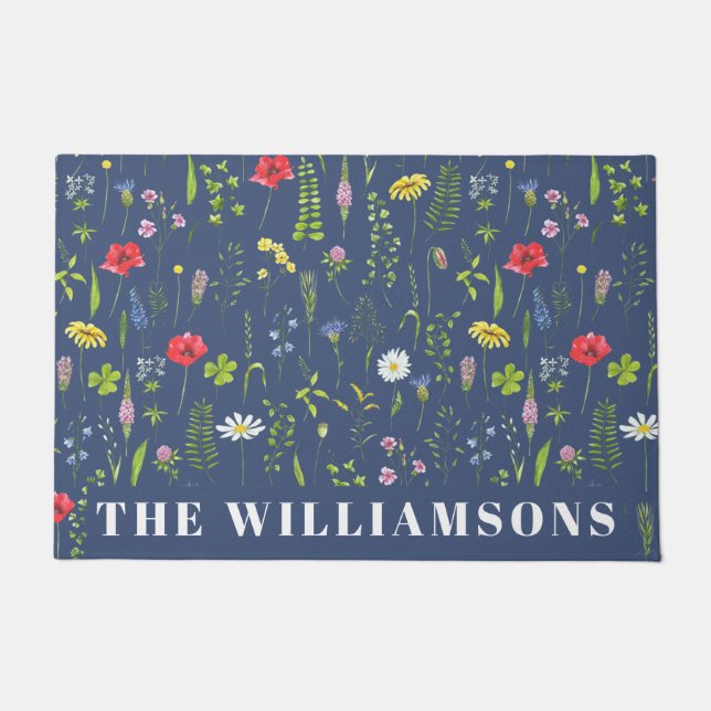 Paillasson Stylish Boho Blue Fleurs sauvages Floral Personnal (Devant)