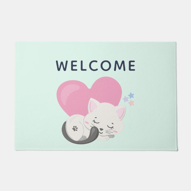 Paillasson Sweet Kitty Chat Dormir avec un coeur rose Bienven (Devant)
