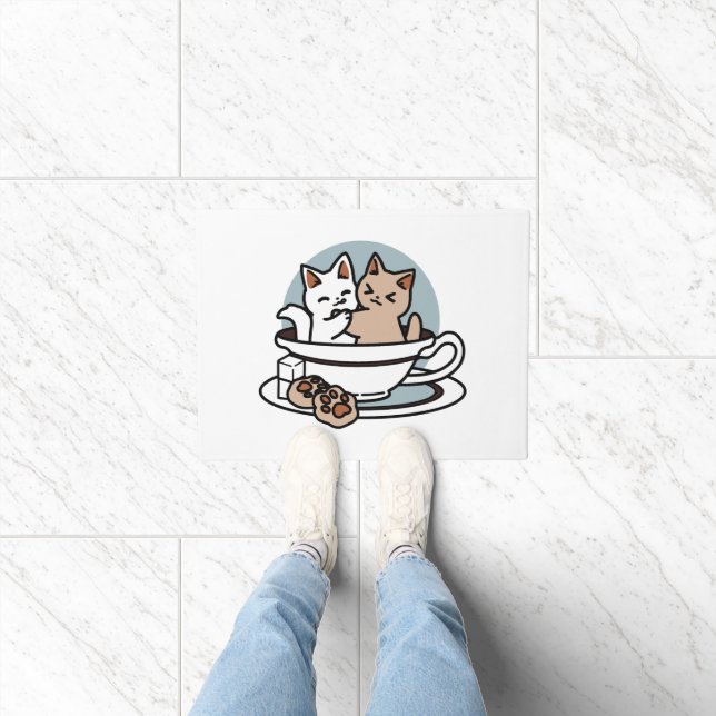 Paillasson Tea Time Meow Time - Cute Cat and Tea Design