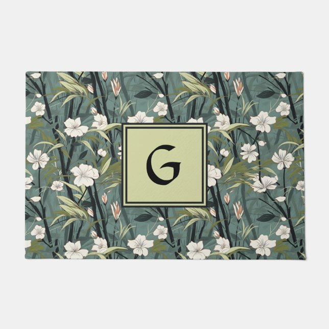Paillasson Teal Green Chinoiserie Floral White Initial  (Devant)
