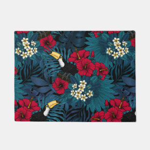 Paillasson Toucans et flore tropicale, verte et rouge