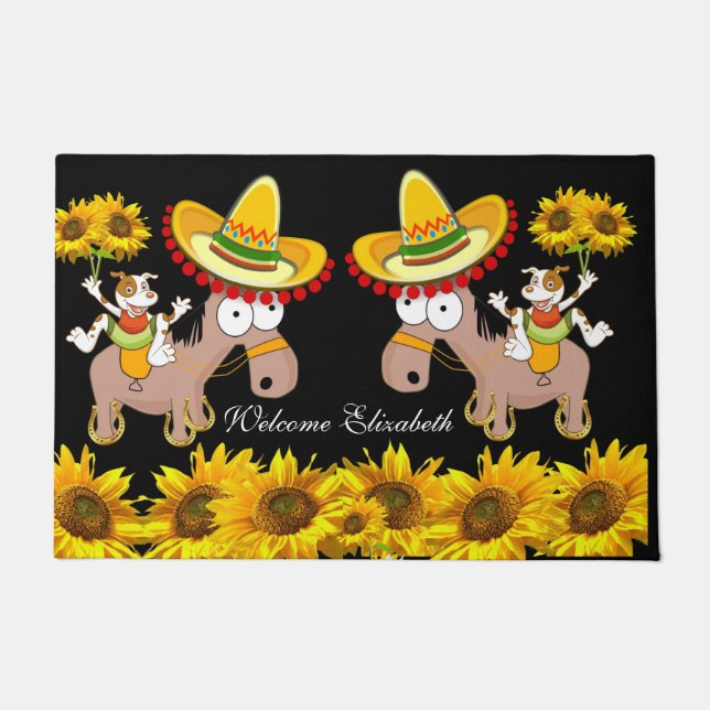 Paillasson Tournesol Floral Cheval Noir Porte Mat (Devant)