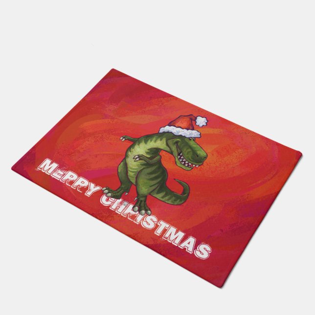 Paillasson TRex Dino à Santa Hat sur Red (Incliné)
