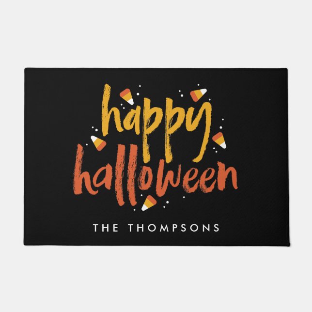 Paillasson Tricoter ou traiter l'Halloween du maïs bonbon (Devant)