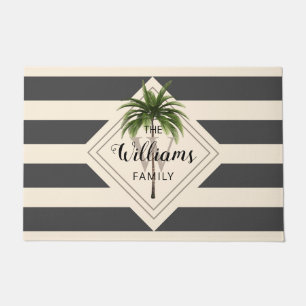 Paillasson Tropical Beach Palm Tree Gris Stripes Monogramme