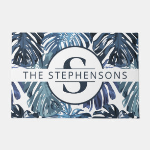 Paillasson Tropical Blue Palm Leaves Chic Monogramme