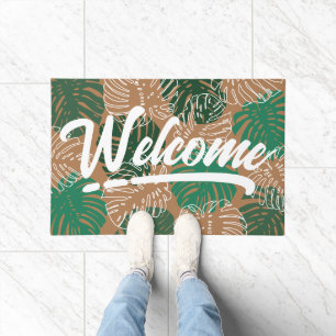 Paillasson Tropical Green Brown Leaves Script Bienvenue