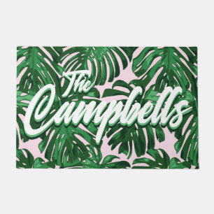 Paillasson Tropical Green Feuilles Script Pink Nom Porte