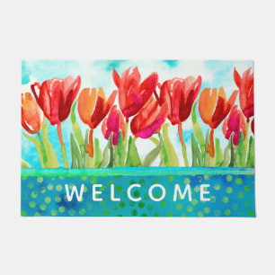 Paillasson Tulipes d'aquarelle Rouge Aqua 24" x 36" Porte Mat