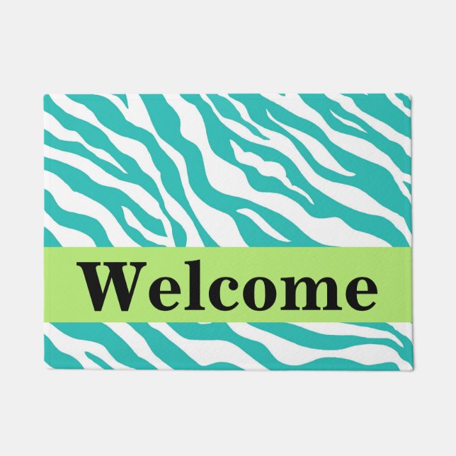 Paillasson Turquoise Blanc Vert Zèbre Motif de peau Bienvenue (Devant)