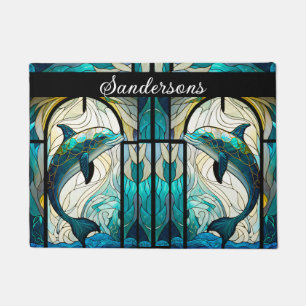 Paillasson Turquoise bleu blanc dauphin look de verre tendu