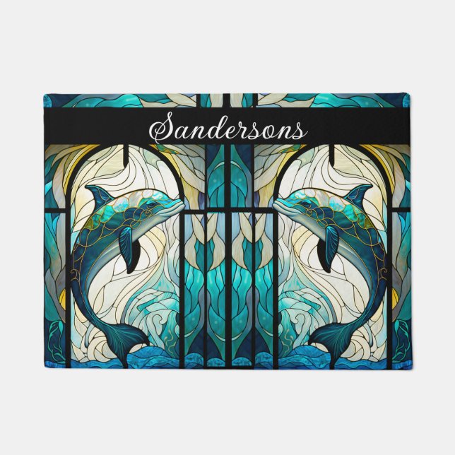 Paillasson Turquoise bleu blanc dauphin look de verre tendu (Devant)