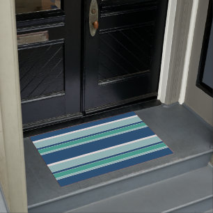Paillasson Turquoise Blue Seafoam Green White Stripes Motif
