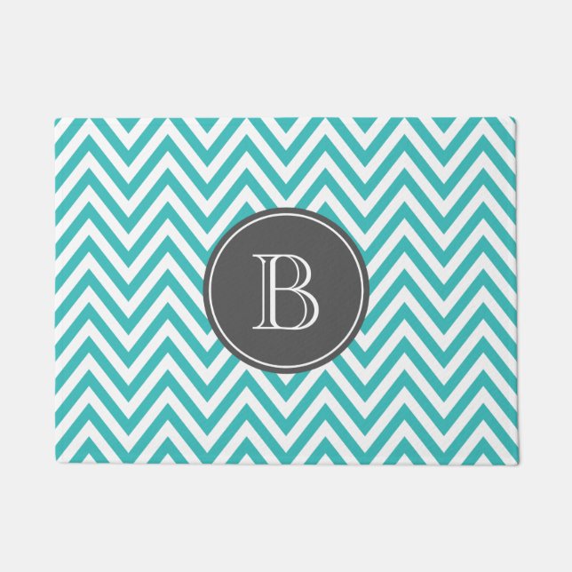 Paillasson Turquoise et Charcoal Chevron Custom Monogramme (Devant)