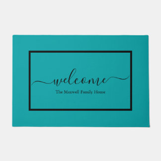 Paillasson Turquoise moderne script noir nom de famille