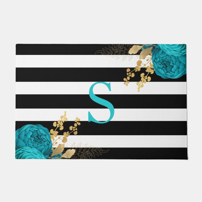 Paillasson Turquoise Or Floral Monogramme Noir Blancs (Devant)