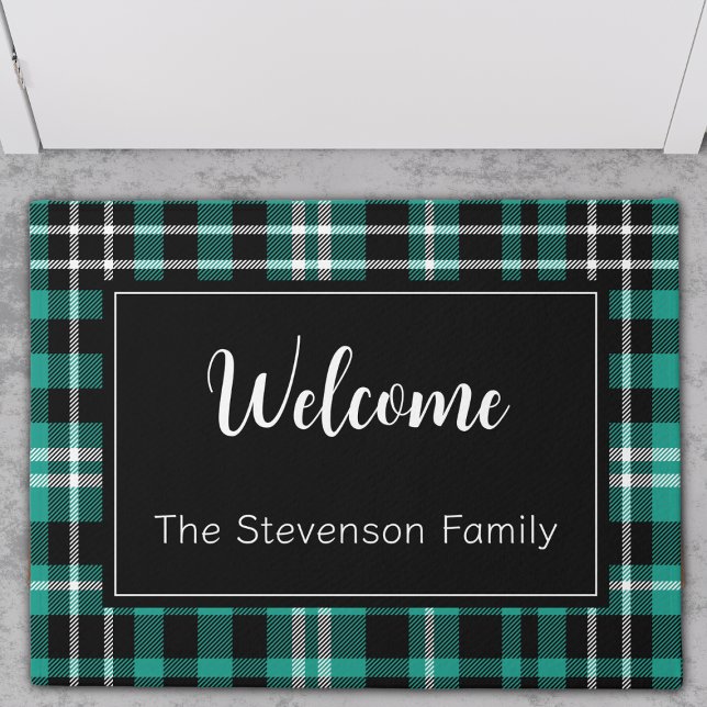 Paillasson Turquoise Plaid Welcome Monogramme Nom de famille (Créateur téléchargé)