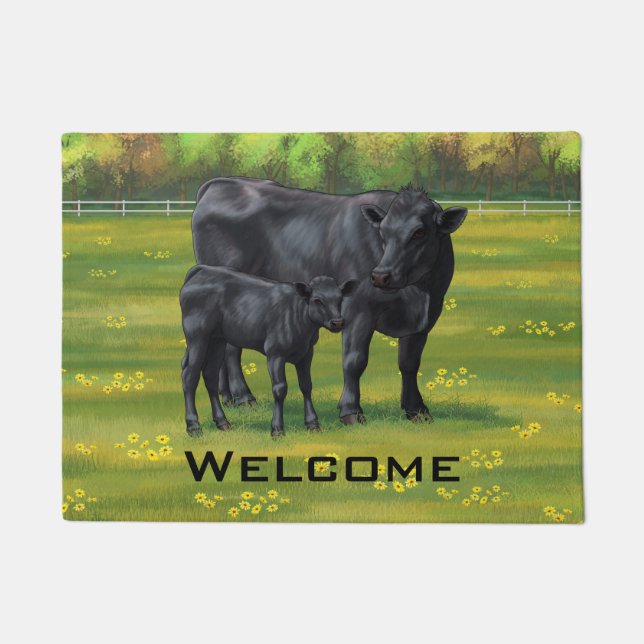 Paillasson Vache d'Angus noir et veau mou en pâturage d'été (Devant)