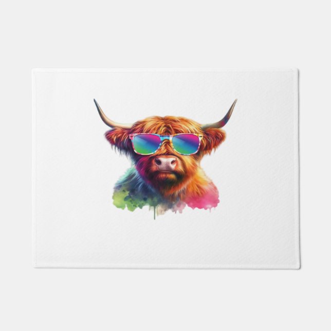 Paillasson Vache écossaise Highland en lunettes de soleil Eau (Devant)