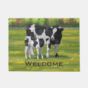 Paillasson Vache Holstein et veau mignon en pâturage d'été