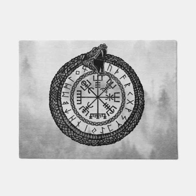 Paillasson Vegvisir avec Ouroboros et runes - gamme de gris (Devant)