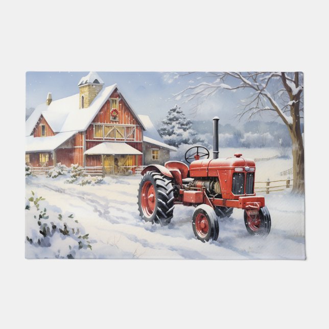 Paillasson Vieux tracteur et grange Snown Ferme d'hiver Noël (Devant)