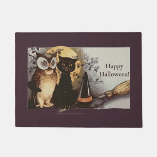 Paillasson Vintage Halloween Chat noir et hibou sorcière Casq