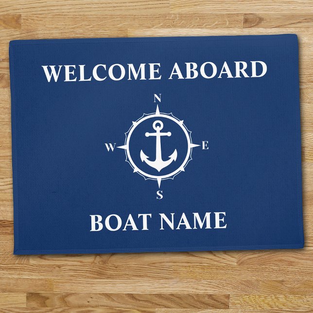 Paillasson Votre nom de bateau Compass Ancre Bleu Bienvenue à (Créateur téléchargé)