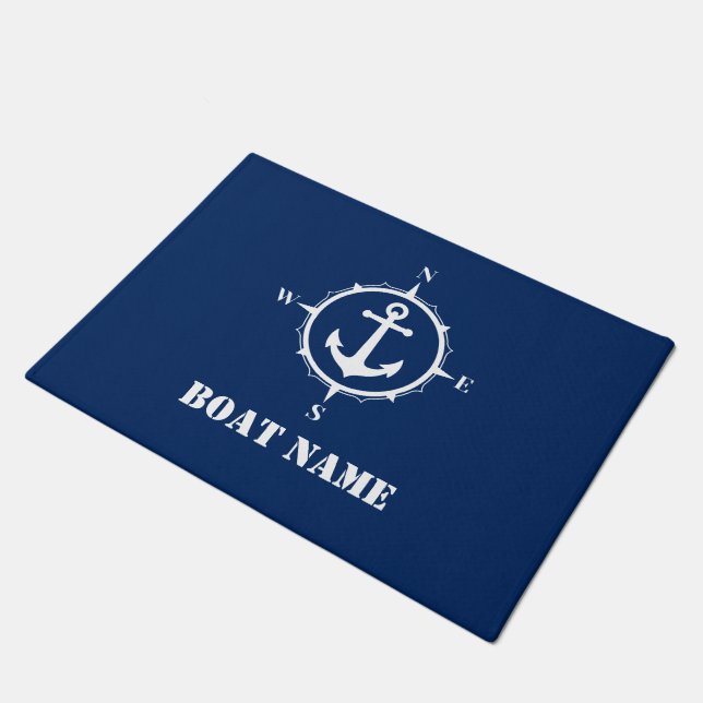 Paillasson Votre nom de bateau Compass Ancre Navy Blue (Incliné)