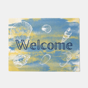 Paillasson Watercolor Beach Welcome Blue Yellow