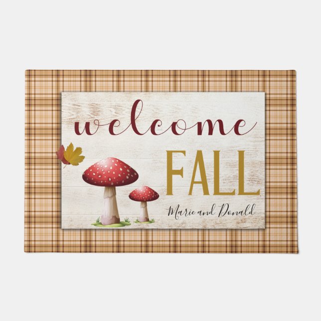 Paillasson Welcome Fall Champignons Orange Plaid Ajouter un n (Devant)